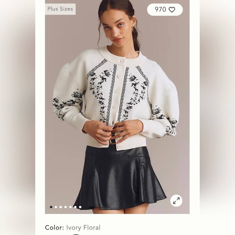 Anthropologie Sculpted Puff Sleeve Cardigan Sweater Ivory Floral Plus Size3X NWT